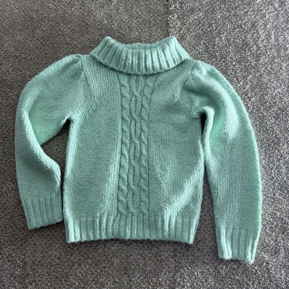 Janie and Jack Cable Knit Sweater Girls Size 6 Mint Green Cowl Neck Coquette